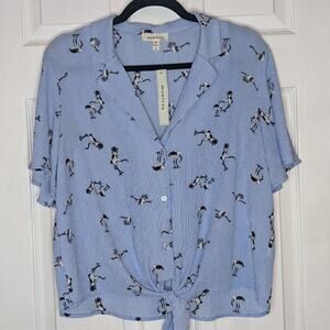 Monteau Blue & White Stripe Crane Print Button Front Tie Flutter Sleeve Blouse L